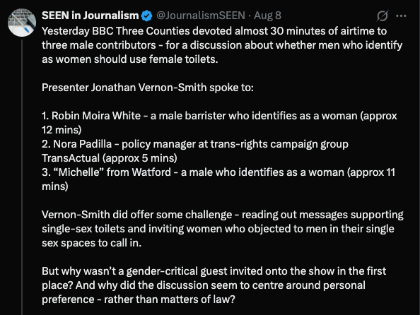 VicIsherwood's tweet photo. @ripx4nutmeg @WomensRightsNet And, what a coincidence, one who works for the BBC Radio Channel, Three Counties Radio, that on 7th August invited 3 male guests on for half an hours to say why they wanted to use women's toilets #sausagefest #SingleSexSpaces #SaveWomensSports #Cricket https://t.co/CeAjuRVPbH