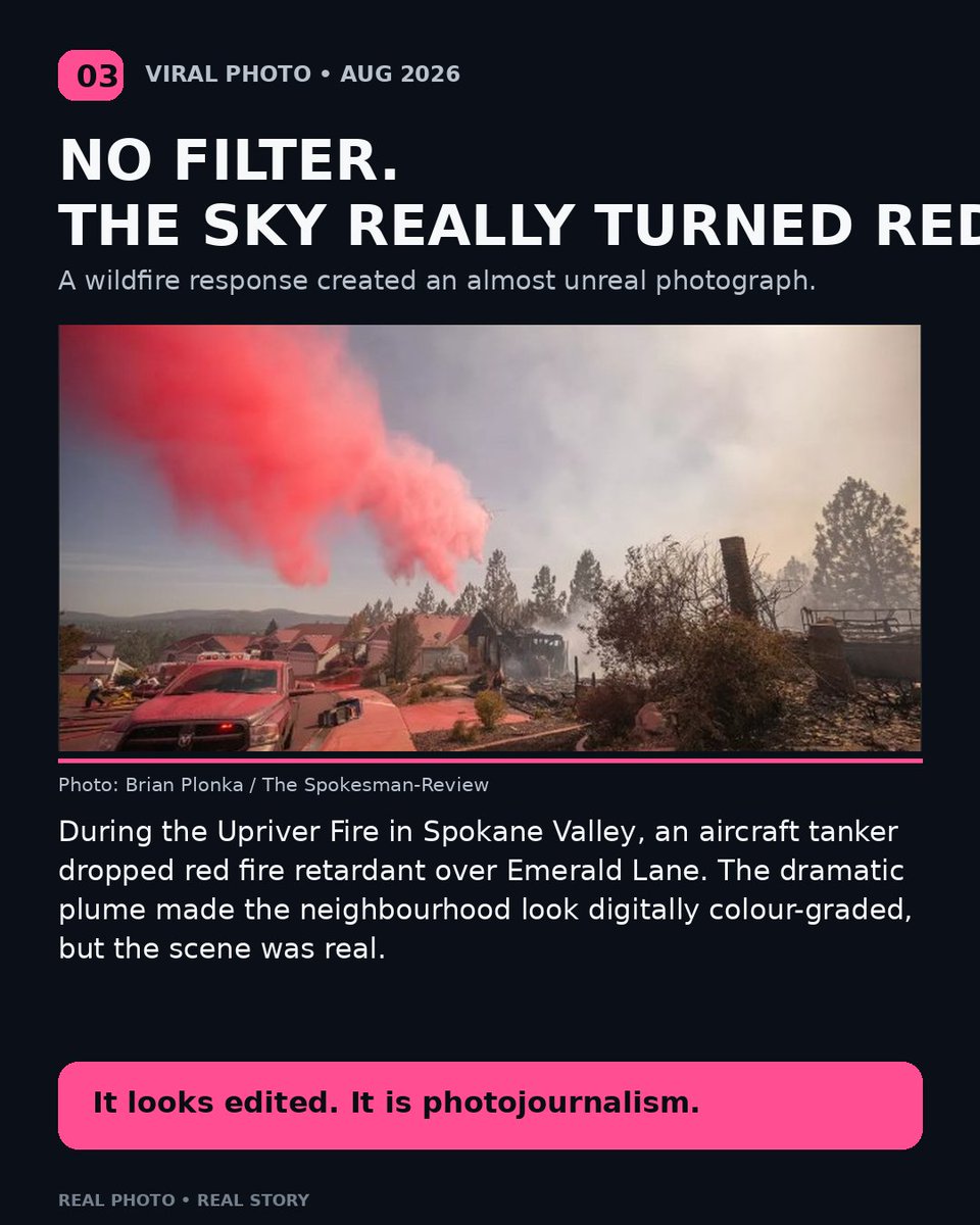 vikaskumarpatro's tweet photo. 3/4
Looks edited. It isn’t. 🔴🔥
During the Upriver Fire, an aircraft dropped red fire retardant over a Spokane neighbourhood, creating this surreal scene.
Sometimes real life beats Photoshop. https://t.co/e78Vbj2mzM