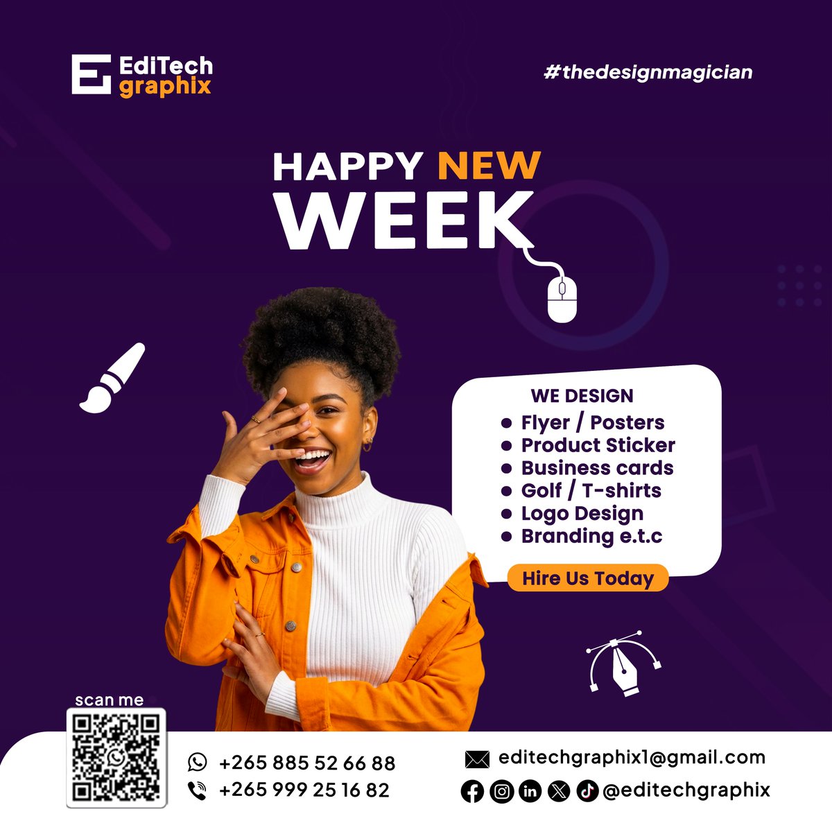 Editechgraphix's tweet photo. Happy New Week! 👋

New week. New brand goals. New designs.

EdiTech Graphix is open for bookings:
Flyers | Logos | Stickers | Business Cards | Branding

Let’s work 💼
📲 +265 885 52 66 88

#EdiTechGraphix #thedesignmagician #HappyNewWeek #GraphicDesign #Malawi https://t.co/x1aHHi5cRI