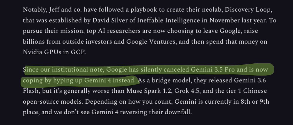 LuminaBench's tweet photo. 🚨Gemini 3.5 Pro might have been cancelled 

SemiAnalysis is now claiming Google silently cancelled Gemini 3.5 Pro and shifted its attention towards Gemini 4 instead.  

I swear to god if after all those months of waiting they just cancel it im done with google,  never again😂