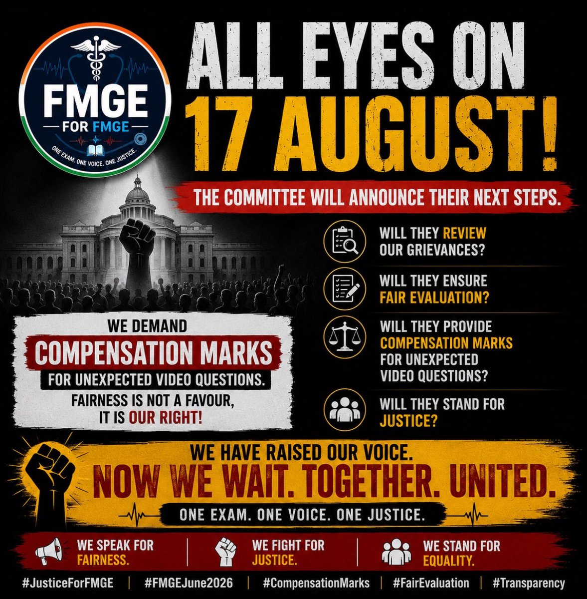 DukiyaMahadev's tweet photo. FMGE aspirants have raised their voice. Now we hope the committee listens and takes a fair decision — especially on compensation marks for unexpected video questions.
Stay united. Jo hoga, milkar hoga. ❤️
#JusticeForFMGE #FMGEJune2026 #CompensationMarks #FairEvaluation #FMGE #NMC https://t.co/LFosANj8NL