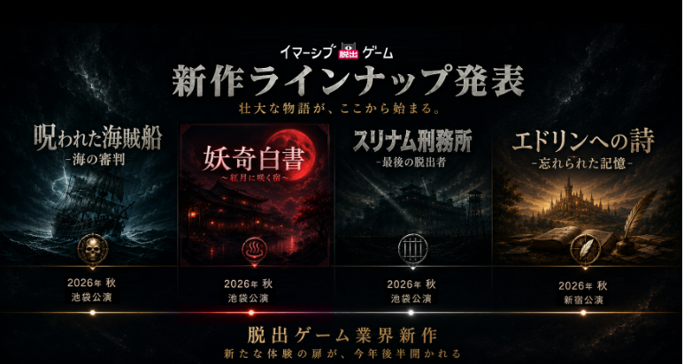 imgame_x's tweet photo. 【新作ラインナップ発表！】
2026年9月より、4つの新たな物語が幕を開けます。

いつもIMGAME（旧MRX）をご利用いただき、誠にありがとうございます。

このたび、2026年9月より順次公演開始予定の新作イマーシブ脱出ゲーム4タイトルを発表いたします。
洋風映画、海賊船、日本妖怪シリーズ、国外監獄、そして忘れられた記憶を巡る物語――それぞれ異なる世界観で、皆様をお迎えします。

新作ラインナップ
1. 呪われた海賊船 -海の審判-
店舗：魔王の日曜日 池袋1号店／舞台設定：大航海時代

財宝伝説に憧れる青年ルカが、謎の海賊船長バゼルの誘いで宝探しの航海に出る。

特徴：海洋冒険×謎解き、仲間との協力プレイ

2. 妖奇白書 〜紅月に咲く宿〜
店舗：魔王の日曜日 池袋1号店／舞台設定：群馬の古い温泉街
特徴：和風ホラー、シリーズ最高の難度、雰囲気演出、弥生世界とのリンク

※「妖奇白書」は、今後当社が展開する「日本妖怪シリーズ」のコンテンツの一つです。魔王の日曜日 東銀座店の「弥生 第一章」も同シリーズに属しており、今後も新たなシリーズコンテンツを順次リリースしてまいります。今後の展開にぜひご期待ください。

3. スリナム刑務所 -最後の脱出者-
店舗：魔王の日曜日 池袋1号店／舞台設定：近代南米
牢獄からの脱出を目指す、映画さながらの没入型脱出ゲーム。

特徴：停電・警報演出による緊張感、仲間との協力脱出

4. エドリンへの詩 -忘れられた記憶-
店舗：魔王の日曜日 新宿三丁目店／舞台設定：近代ヨーロッパ
あらすじ：あなたは記憶を失い閉じ込められた部屋で目覚め、手紙を手がかりに本当の自分を探す。

特徴：ヨーロッパ調のミステリー、記憶探しの謎解き
詳細なストーリーは後日発表いたします。

2026年9月より、新たな体験の扉を開く4つの物語に、ぜひご期待ください。

IMGAME　私もやるよ！