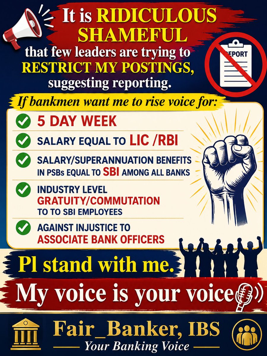 Fair_Banker's tweet photo. Dear Bankmen 
If you find that I have voiced your demands, support me 
#5DayWeek 
#SalaryAtParSBI
#SalaryAtParLIC
#JusticeToAB  #ABs  #SBBJ #SBP #SBH #SBM #SBT

Few leader are trying to limit my reach 
Repost in support 

@idesibanda @AinbofOfficial @gsnobo1977 @GirishArya_bms https://t.co/tpOujIsSa1