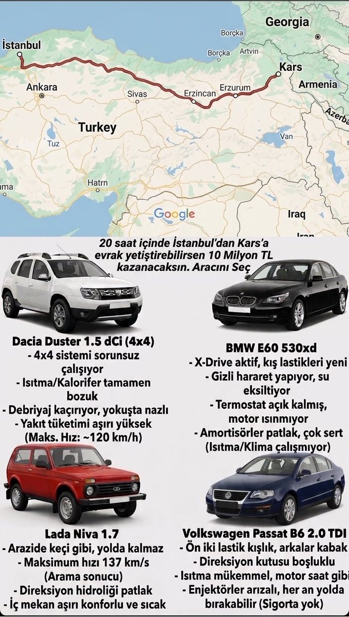 nuhoglu_auto's tweet photo. İstanbul’dan Kars’a çok önemli bir evrak yetiştirebilirsen 10 Milyon TL kazanacaksın. Hangisini seçersin? Tam kafa yormalık https://t.co/VTrg9YR7Z0