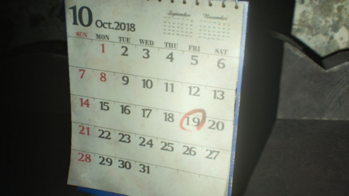 Resident_bio's tweet photo. When Grace investigates Wrenwood, all throughout the hotel are reminders of her traumatic past. A calender with Alyssa's death highlighted. The Hooded Man's raincoat hung up. These were all placed BY Victor as a test Grace to see if was the one they were looking for.
#REBHFun https://t.co/py2DgZ1XWX