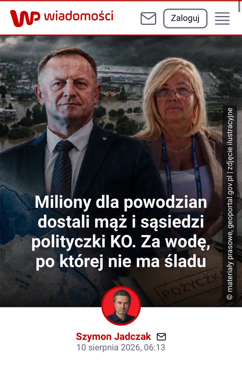 CzarnekP's tweet photo. To jest SKANDAL. To jest prawdziwe oblicze Platformy Obywatelskiej.

Miliony złotych przeznaczonych na pomoc dla ludzi dotkniętych dramatem powodzi trafiają do męża działaczki KO, jej sąsiada i lokalnego przedsiębiorcy. A według ustaleń dziennikarzy nie ma nawet dowodów, że wskazane nieruchomości zostały zalane!

4,5 MILIONA ZŁOTYCH!

Ludzie tracili dorobek całego życia. Domy, firmy, miejsca pracy. Czekali na każdą złotówkę pomocy. A w tym samym czasie publiczne miliony płynęły do ludzi powiązanych z lokalnym układem.

Jeżeli ustalenia WP się potwierdzą, będziemy mieli do czynienia z jednym z najbardziej odrażających przykładów żerowania na ludzkiej tragedii.

Tak wygląda prawdziwe oblicze Platformy: dla Polaków opowieści o „praworządności” i „standardach”, a kiedy pojawiają się publiczne pieniądze - rodzina, znajomi i sąsiedzi ustawiają się pierwsi w kolejce.