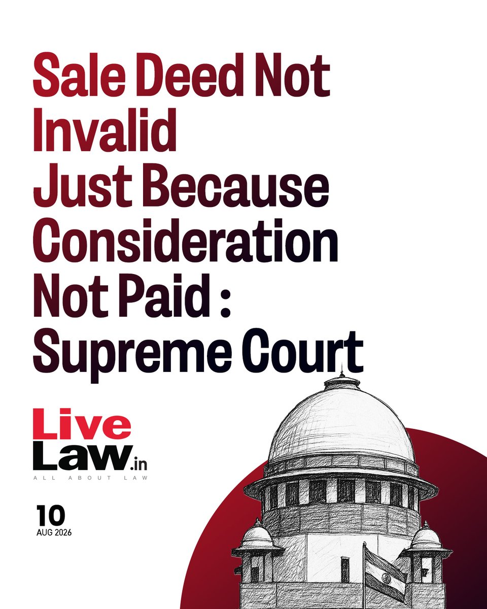 LiveLawIndia's tweet photo. The Supreme Court recently ruled that an actual payment of the sale consideration at the time of execution is not necessary for completion of the sale; and the remedy against the non-payment of the balance consideration would be to file a money recovery suit rather than seeking a cancellation of sale deed.
Read more: https://t.co/3D1CEEExWx
#SupremeCourt #saledeed