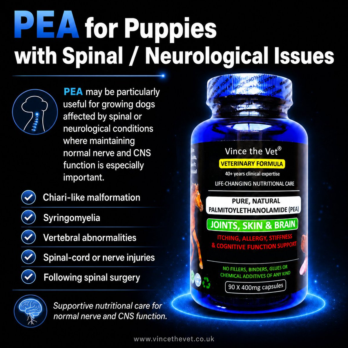 VinceTheVet's tweet photo. PEA, PUPPIES AND SPINAL ISSUES

PEA is a naturally occurring compound, produced by the body in response to pain, inflammation and stress.

Dietary supplementation, helps to:

- support normal nerve and CNS function
- protect vulnerable nerve tissue
- reduce the consequences of nerve irritation or injury
which is especially important when puppies are affected by conditions such as:

- Chiari-like malformation
- Syringomyelia
- Vertebral abnormalities
- Spinal cord or nerve injuries (including spinal surgery)

This makes PEA supplementation a highly beneficial supportive measure alongside appropriate veterinary treatment.

https://t.co/c2itFM82X0