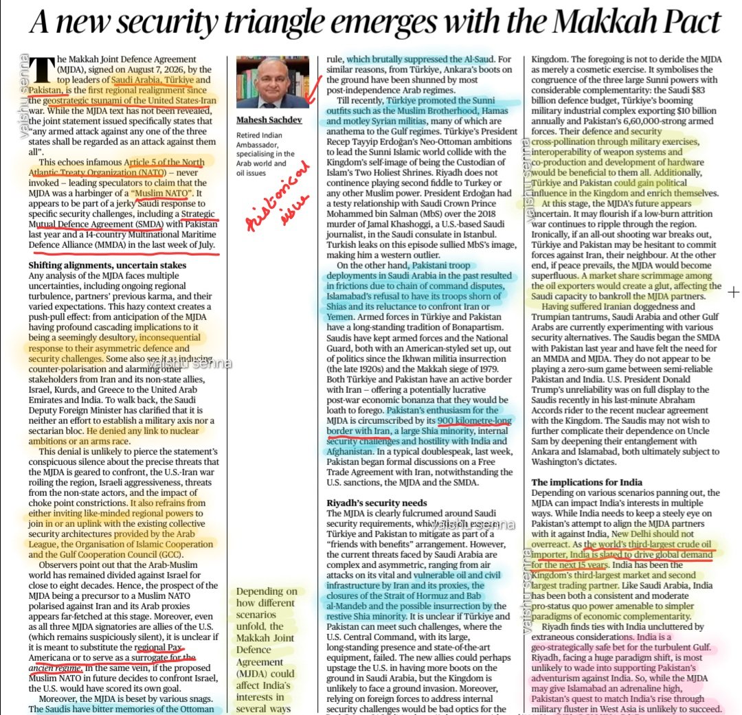 vaishnavi_69344's tweet photo. Credit :The hindu
Today's CA:Aug 10,2026

🚨 A massive geopolitical shift is underway in West Asia! 

🌍Saudi Arabia 🇸🇦, Türkiye 🇹🇷, and Pakistan 🇵🇰 have signed the Makkah Joint Defence Agreement (MJDA). 

✍️Dubbed the "Muslim NATO," its core clause mimics NATO’s Article 5: An attack on one is an attack on ALL. ⚔

What drives this new Security Triangle? 📊 Each country brings a specific asset to the table:
💰 Saudi Arabia:
 Financial power & religious custodian. Wants a shield against Iranian proxies as US security guarantees fade.🛡️

 Türkiye:
 A $10B defense export engine. Looking for Gulf markets for its advanced tech & drones.

⚛️ Pakistan:
 Nuclear deterrent & massive military manpower. Needs economic bailouts from Riyadh.

 But look closer—the alliance has massive internal cracks! 🔍💥

❌ The Muslim Brotherhood Factor: Türkiye historically backs the MB, which Saudi Arabia views as an existential threat.

❌ The Iran Dilemma: 
Pakistan shares a 900km border with Iran. It cannot afford a hot war with Tehran for Riyadh's sake.

❌ No Guarantees:
 Strategic ambiguity means military intervention is not automatic—it is subject to "consultation."

 🇮🇳 What does this mean for India?⚠️ The Risk:
 A stronger Türkiye-Pakistan defense axis could alter the South Asian tactical military balance.🛡️ 

The Reality:
 India is safe. Saudi Arabia’s Vision 2030 relies heavily on the Indian market (world's 3rd largest oil consumer).

 Riyadh won't sacrifice billions in trade to please Islamabad.

India's strategy?
 Strict de-hyphenation &
 boosting maritime security in the Arabian Sea! ⚓🌊 

#UPSC #Geopolitics
