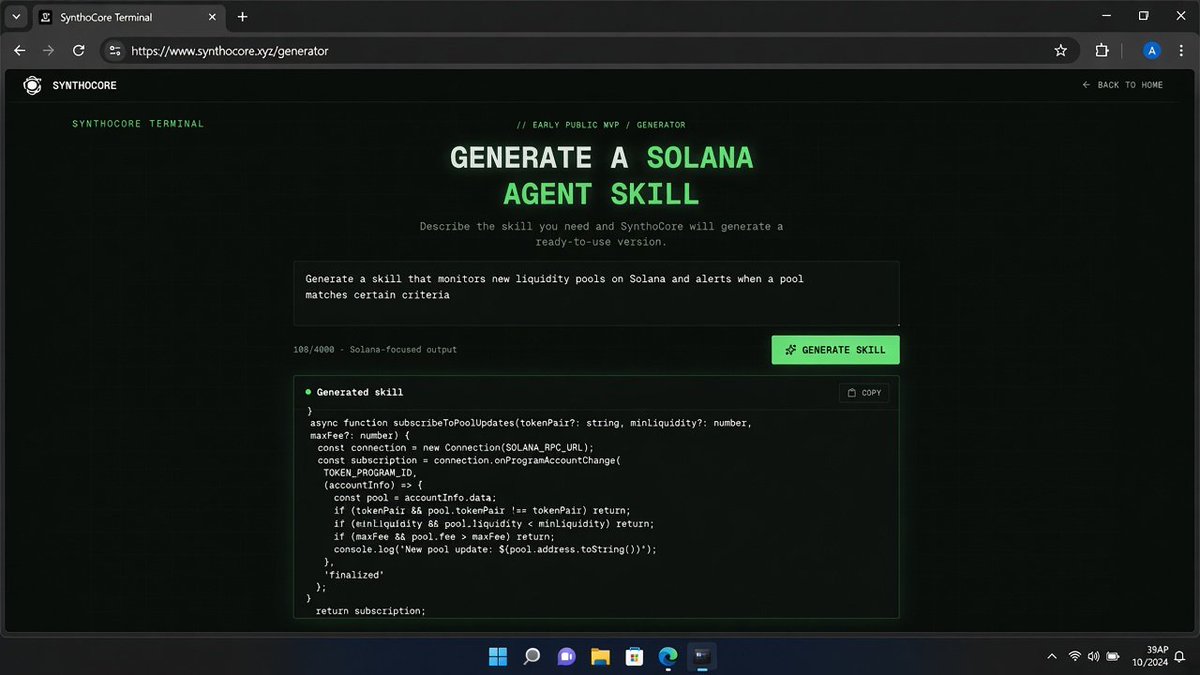SynthocoreAI's tweet photo. SynthoCore lets you generate Solana-focused skills for AI Agents — from a plain language idea to something you can actually use in Claude, Cursor, or your own agents.

It’s still an early MVP, and we’re building in public.

→ https://t.co/1cxr0xYsaJ https://t.co/sF5Yzjrodl
