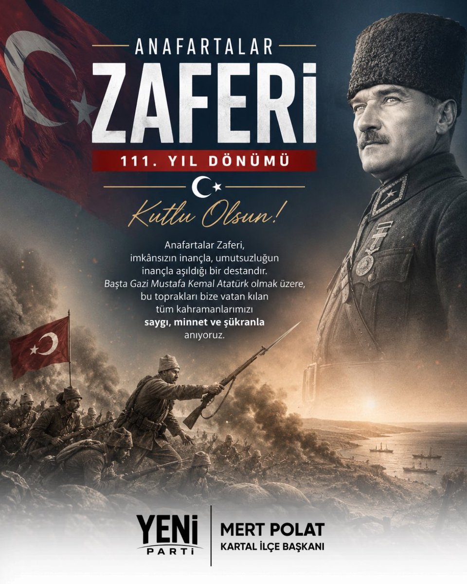 YeniPartikartl's tweet photo. Anafartalar Zaferi’nin 111. yıl dönümü kutlu olsun.

Başta Gazi Mustafa Kemal Atatürk olmak üzere, Çanakkale’yi geçilmez kılan tüm kahramanlarımızı saygı, minnet ve rahmetle anıyoruz.

Çanakkale ruhu, bağımsızlığımızın ve Cumhuriyetimizin temelidir. 🇹🇷
#yenipartikartal https://t.co/KsUnrRM7xD