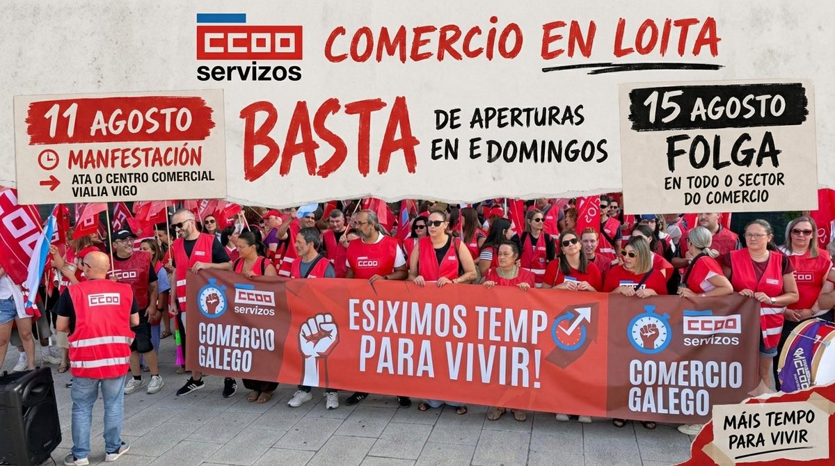 ccoogalicia's tweet photo. 🏪 No comercio en xeral, a nivel galego, mantense a folga do próximo sábado, día 15, contra a apertura en domingos e festivos. Quentaremos motores cunha manifestación mañá polas rúas de Vigo. https://t.co/tU6kzK1q3g