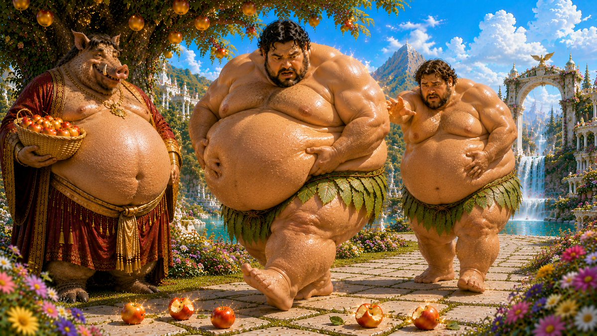 BulkBeneath's tweet photo. The orchard keeper offered them golden apples.
One bite later, paradise started changing them from the inside out. 🍎
#WeightGain #Transformation #FantasyArt https://t.co/NJ3U7GeByM