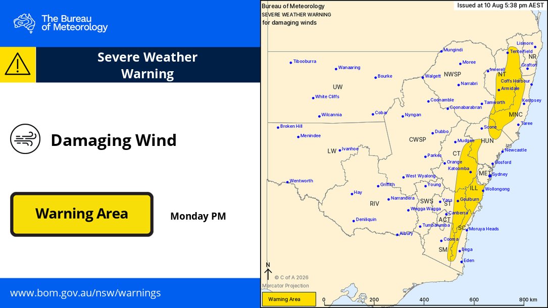BOM_NSW's tweet photo. ⚠️🌬️ 5:38pm: Severe Weather Warning for damaging #winds along the Great Dividing Range, redeveloping about Wollongong tonight.
May impact: #Wollongong #Armidale #Goulburn #Nowra #Katoomba #Bowral #Braidwood #Dorrigo #Drake #Jackadgery #Ebor & #Nowendoc.
https://t.co/L0afeZoedo https://t.co/DckQmbD3ty