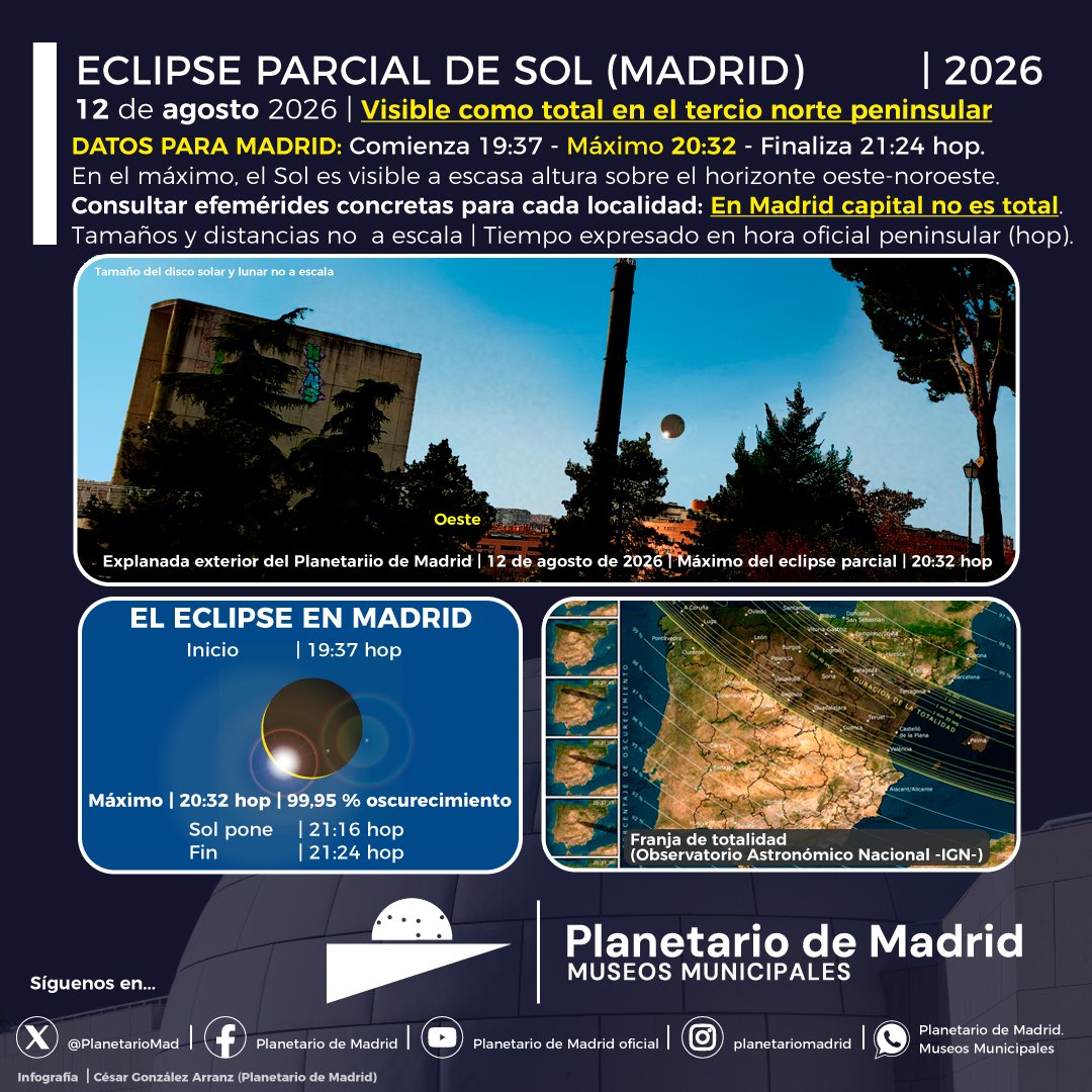 PlanetarioMad's tweet photo. FALTAN SOLO 48 HORAS ⏳🌞 

El 12 de agosto llega el fenómeno astronómico más espectacular visible desde España en más de un siglo:

Busca un lugar elevado, con horizonte oeste despejado y usa siempre gafas homologadas ISO 12312-2 si queda visible cualquier parte del Sol. 😎🌘🔭 https://t.co/OcUuqJGdBD