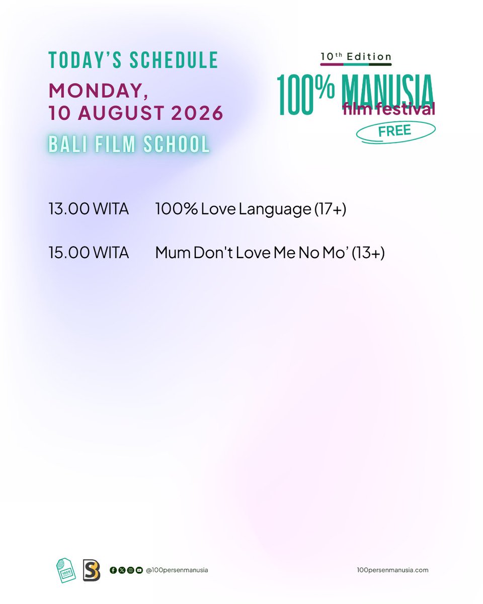 100prsenmanusia's tweet photo. Today's Schedule at #100PMFF26 in Jakarta & Bali ❤️🎬
Join us for today's screenings in Jakarta at @ErasmusHuis @taksu.bookcafe and @balifilmschool in Bali to celebrate #ADecadeofLoveLanguage with stories from around the world. See you at the festival!
Swipe left for more info!
#100PersenManusia