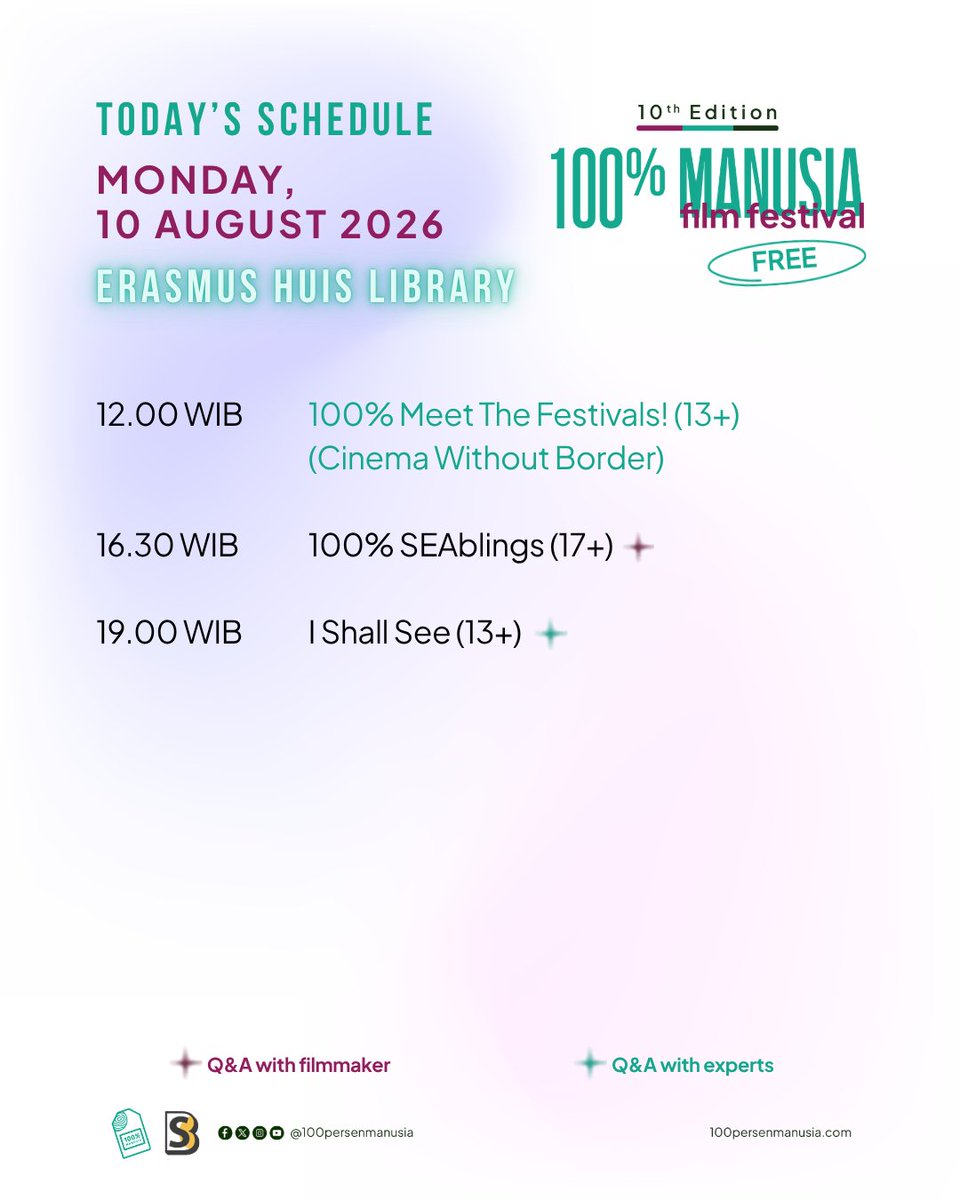 100prsenmanusia's tweet photo. Today's Schedule at #100PMFF26 in Jakarta & Bali ❤️🎬
Join us for today's screenings in Jakarta at @ErasmusHuis @taksu.bookcafe and @balifilmschool in Bali to celebrate #ADecadeofLoveLanguage with stories from around the world. See you at the festival!
Swipe left for more info!
#100PersenManusia