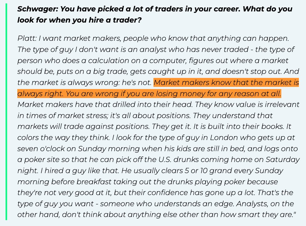 zeroxkyle's tweet photo. Michael Platt, on what he looks for when he hires a trader

You are wrong if you are losing money for any reason at all. https://t.co/qcCEfryZbq