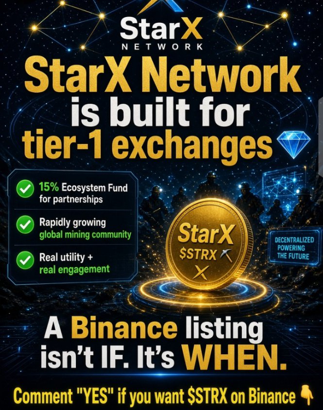 starxminerrj6's tweet photo. StarX Network is built for tier-1 exchanges 💎

✅ 15% Ecosystem Fund for partnerships
✅ Rapidly growing global mining community  
✅ Real utility + real engagement

A Binance listing isn’t IF. It’s WHEN. ⛏️

Comment "YES" if you want $STRX on Binance 👇
#StarXNetwork  #Binance https://t.co/xEtZ6ZrAv3