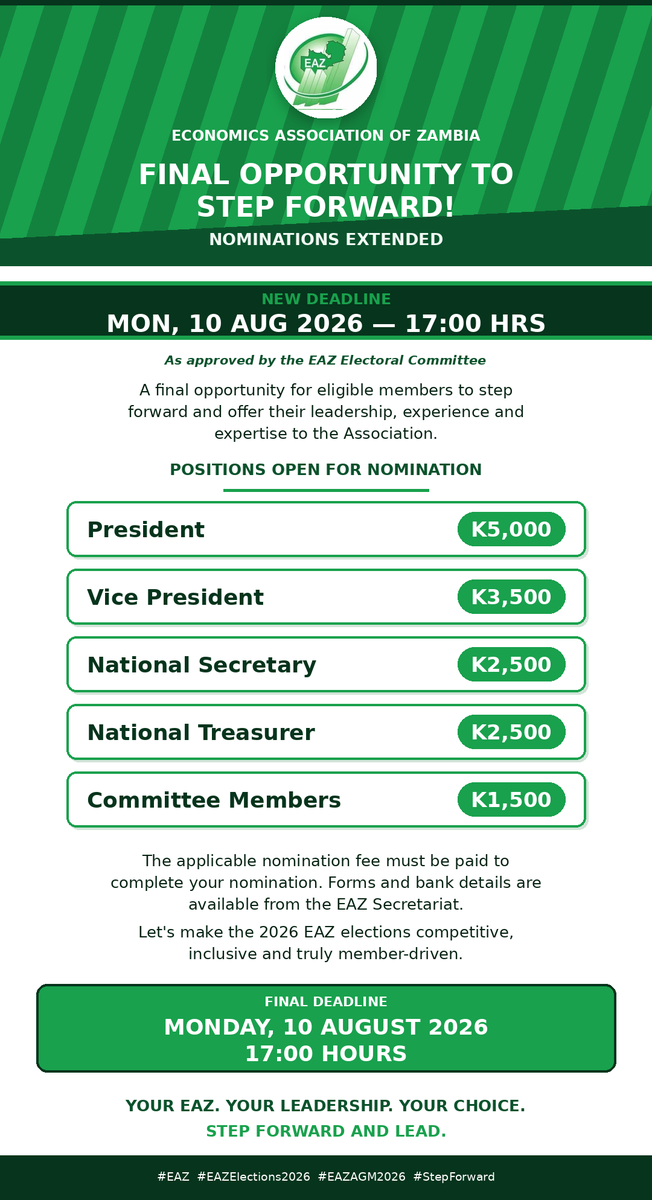 EAZambia's tweet photo. FINAL REMINDER: EAZ nominations close TODAY at 17:00 Hrs. All positions open President, VP, Nat. Secretary, Nat. Treasurer, Committee Members.
Don't miss your last chance to lead!
#EAZ #EAZElections2026 #StepForward https://t.co/d9Wzjsfzg7