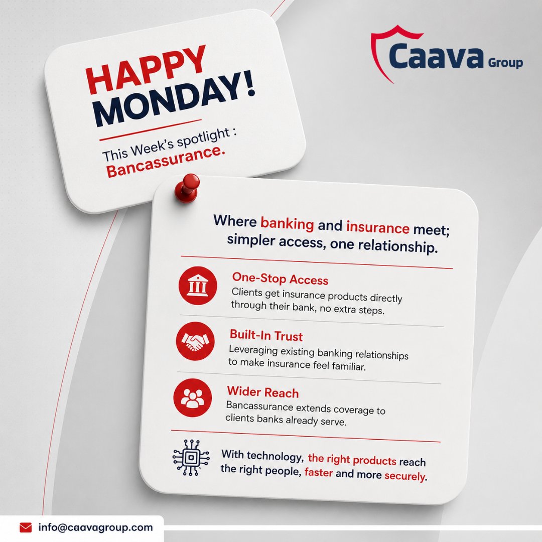 CaavaGroup's tweet photo. Happy Monday!  This week, we’ll be spotlighting Bancassurance by exploring how banking and insurance can come together to simplify customer journeys, expand access, and unlock new growth opportunities. Follow along! #Bancassurance #InsurTech #CaavaGroup https://t.co/Y2fu4sXXkH