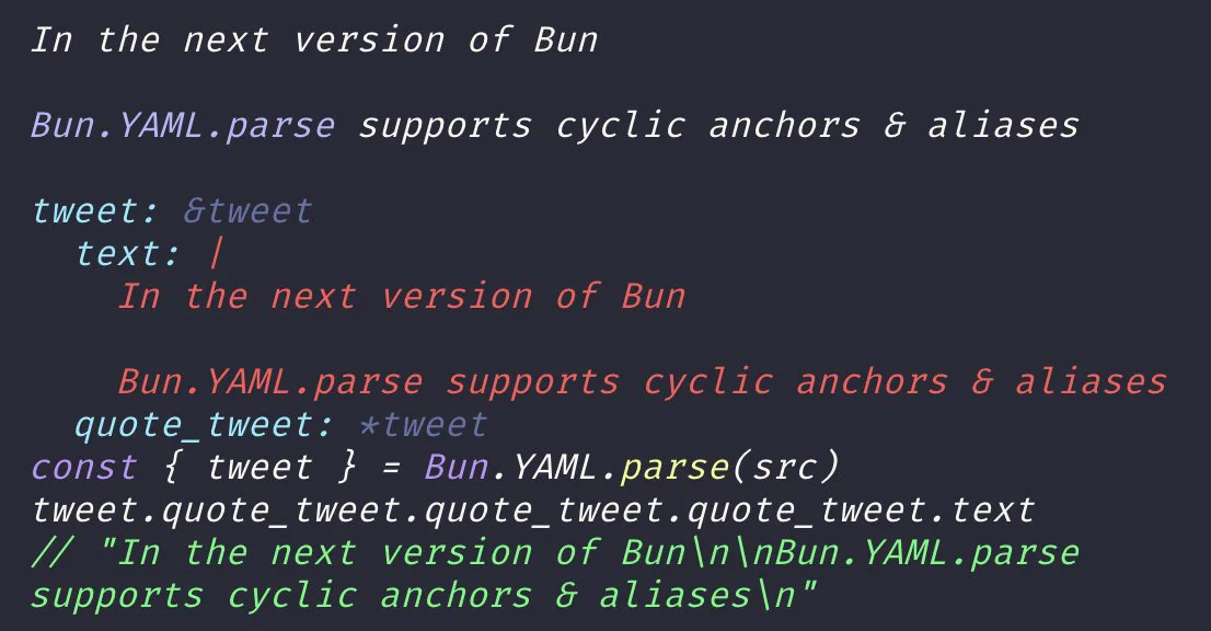 In the next version of Bun
▎
▎ Bun.YAML.parse supports cyclic anchors & aliases
▎
▎ tweet: &tweet
▎   text: |
▎     In the next version of Bun
▎
▎     Bun.YAML.parse supports cyclic anchors & aliases
▎   quote_tweet: *tweet
▎ const { tweet } = Bun.YAML.parse(src)
▎ tweet.quote_tweet.quote_tweet.quote_tweet.text
▎ // "In the next version of Bun\n\nBun.YAML.parse supports cyclic anchors & aliases\n"
