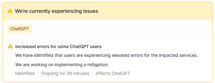 UptimusApp's tweet photo. ChatGPT / OpenAI is reportedly down for hundreds of users right now. Are you one of them? 
#ChatGPT #OpenAI #Down https://t.co/WOrarpHxCb