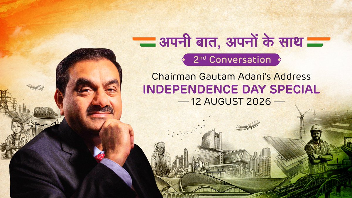 apnibaatonline's tweet photo. As Bharat's story of growth continues to unfold, so do the conversations shaping its future.

Stay tuned for Gautam Adani's Independence Day Special address on 12 August 2026. https://t.co/5O6Z0gJ1C5