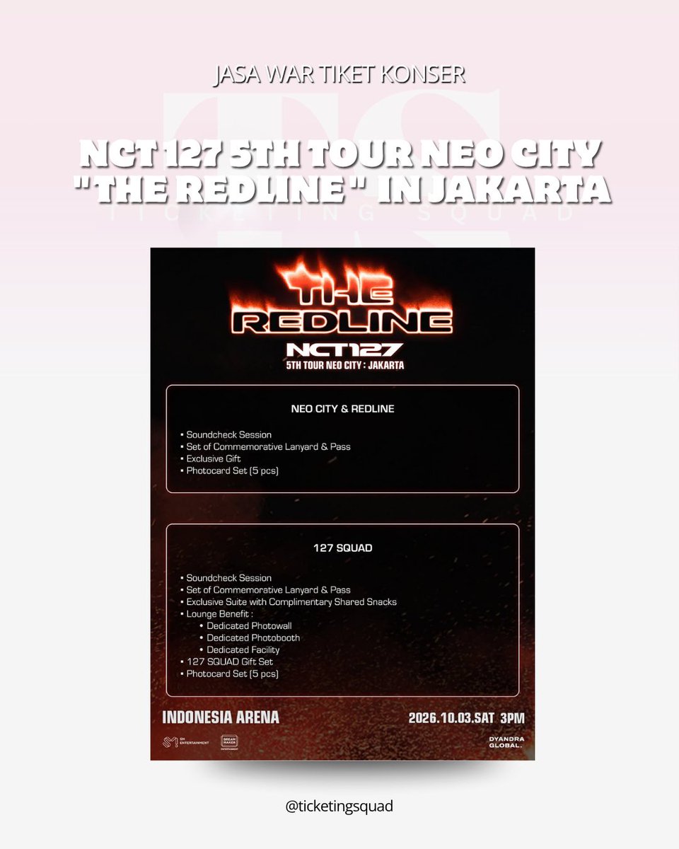 ticketingsquad's tweet photo. JASA WAR TIKET - NCT 127 5TH TOUR ‘NEO CITY : JAKARTA - THE READLINE’

• fee 250 dp 100k 
• ⁠fee vip 300k dp 100k
• 100% ⁠full refund klo tidak dapat 
• ⁠100% trusted 
• ⁠tnc https://t.co/kTGhL8YXlG

DM on Instagram or Twitter for more info

 #zonauang #wts https://t.co/GBLL9kqK1M