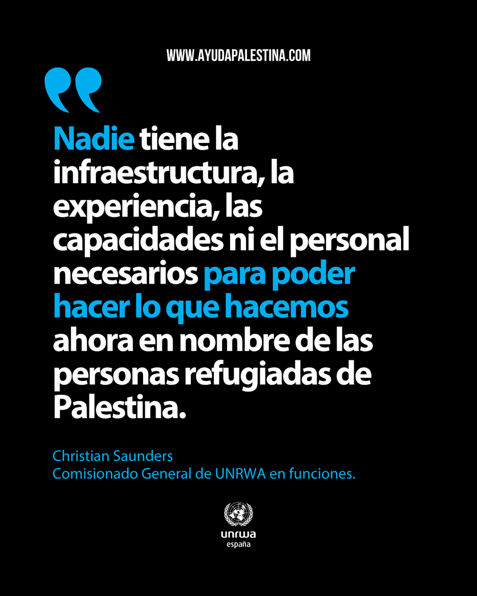 UNRWAes's tweet photo. «Nadie tiene la infraestructura, la experiencia ni el personal para hacer lo que UNRWA hace por las personas refugiadas de Palestina».
Saunders, Comisario General en funciones de UNRWA.
Seguiremos apoyando con servicios esenciales hasta que exista una solución justa y definitiva. https://t.co/FBrXBvM14K