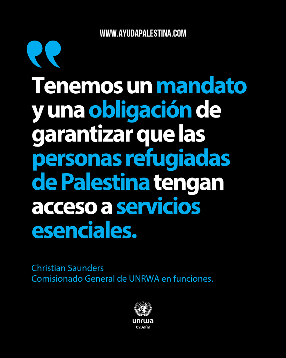 UNRWAes's tweet photo. «Nadie tiene la infraestructura, la experiencia ni el personal para hacer lo que UNRWA hace por las personas refugiadas de Palestina».
Saunders, Comisario General en funciones de UNRWA.
Seguiremos apoyando con servicios esenciales hasta que exista una solución justa y definitiva. https://t.co/FBrXBvM14K