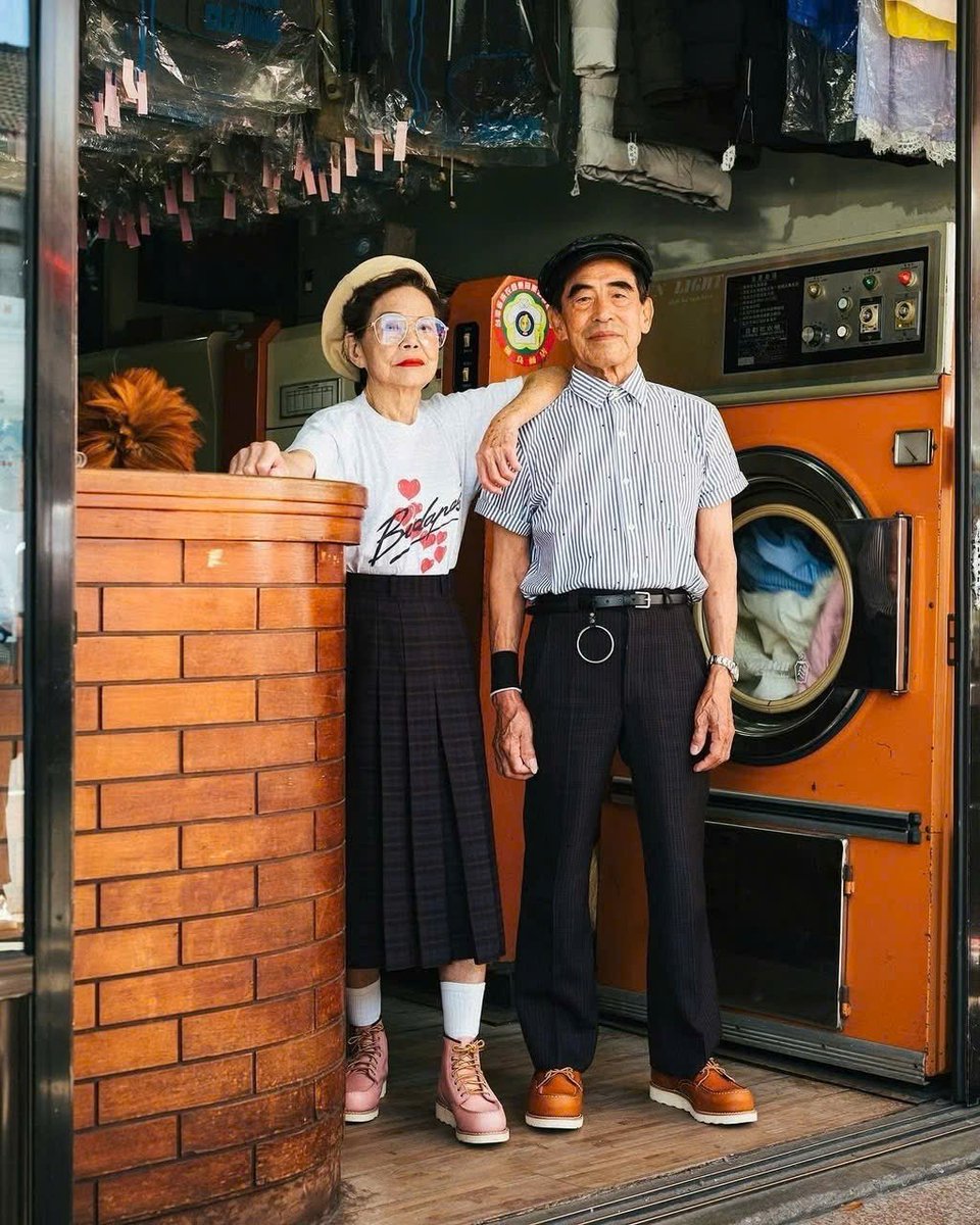 luresmagazine's tweet photo. Is true style timeless, or does fashion belong only to the youth? Meet Chang Wan-ji and Hsu Sho-er, a Taiwanese laundry-shop couple who became a global fashion phenomenon by styling unclaimed clothes. Captured via @wantshowasyoung, they prove sustainability knows no age. https://t.co/65iMYSB1N9