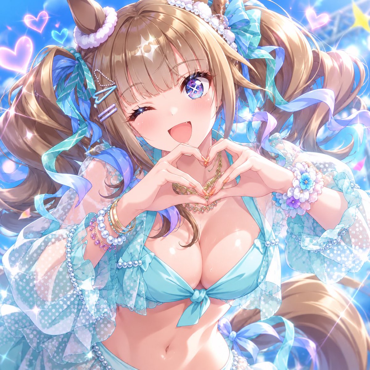 α6 ウマ娘 水着&ピース&ピース アーモンドアイ スリーブ&プレイマット 🌿水着アーモンドアイ🌿 🌟本日はハートの日です🌟 #ウマ娘 #AI