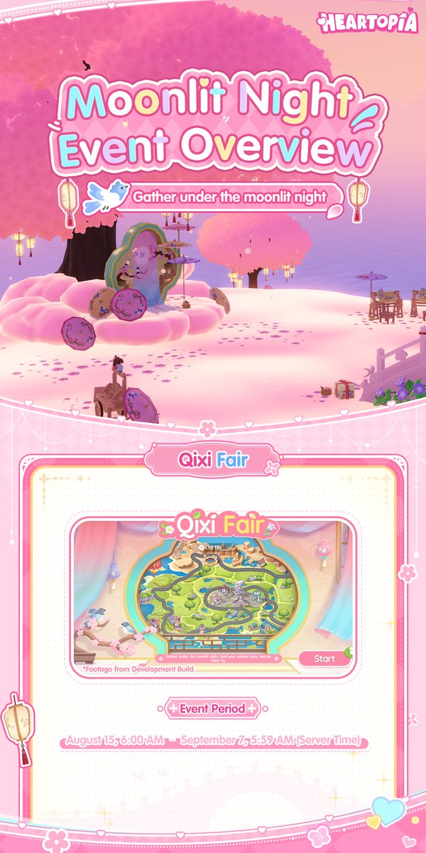 MyHeartopia's tweet photo. 🌙 Moonlit Night Event Overview

Baboo, D.G. Members!
Stars lace the sky, the moon drifts by. From August 15, 06:00 to September 7, 05:59 (Server Time), the "Moonlit Night" event will be available in Heartopia for a limited time.

🌸 During the event, D.G. Members can complete event tasks to obtain the limited-time item "Orchid" and exchange it for furniture, recipes, and more.

🌟 You can also interact face-to-face with friends every day and unlock an exclusive 2-person action after interacting for 7 days total.

☁️ The new limited-time area "Cloud Island" will also make its debut. Visit the island with your friends and take in the beautiful scenery together!

🎀 The Acorn Store will release new "Moonlit Night" themed outfits during the same period, so don't miss out if you're interested!

Tap the images below for more event details!

#heartopia