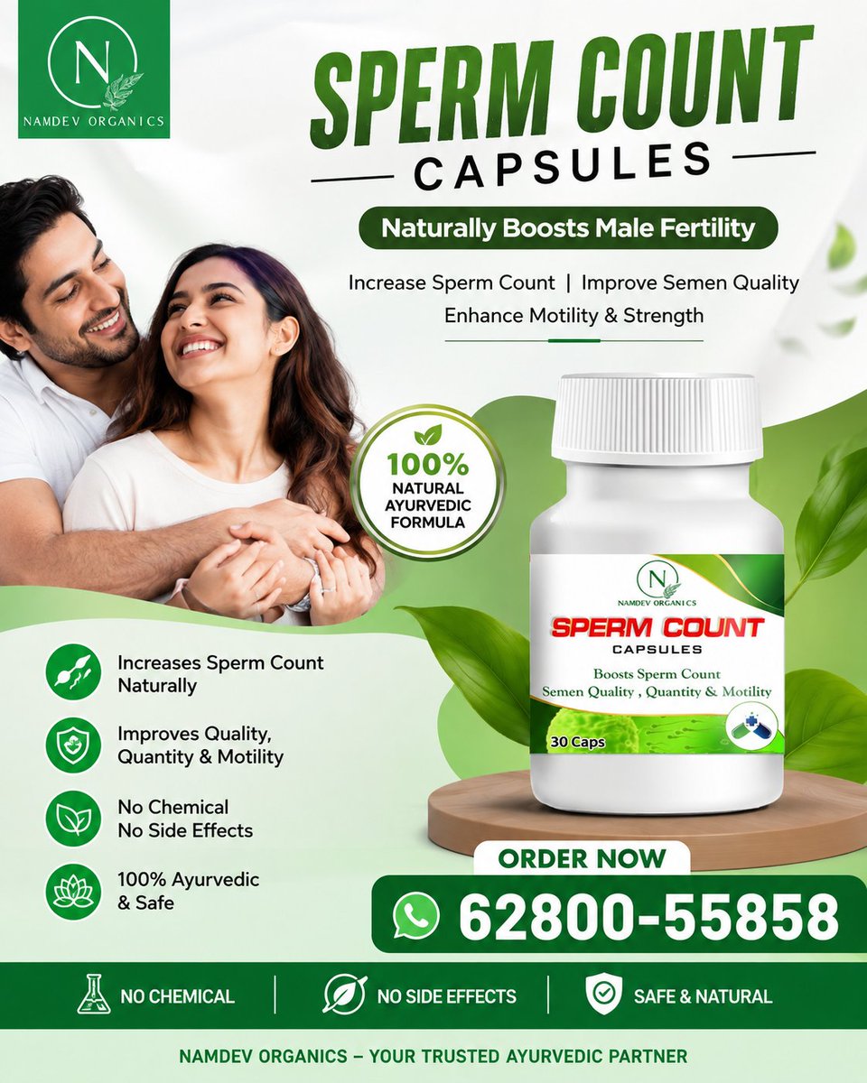 NamdevOrganics's tweet photo. Support your reproductive wellness naturally with Namdev Organics Sperm Count Capsules.

✔ Supports Healthy Sperm Count
✔ Improves Semen Quality &amp; Motility
✔ 100% Ayurvedic Formula
✔ No Chemicals
📞 Order: 62800-55858
#NamdevOrganics #MensWellness #Ayurveda #HerbalWellness https://t.co/IdBrsVWA0V