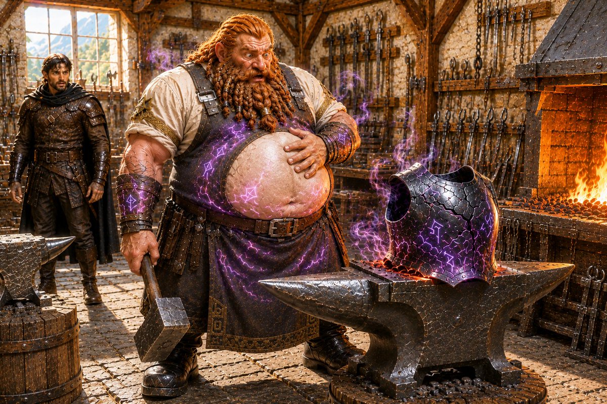 BulkBeneath's tweet photo. The blacksmith agreed to forge the cursed armor.
He didn’t realize the magic would start reforging him instead. ⚒️
#WeightGain #Transformation #FantasyArt https://t.co/Le4L26oSZ8