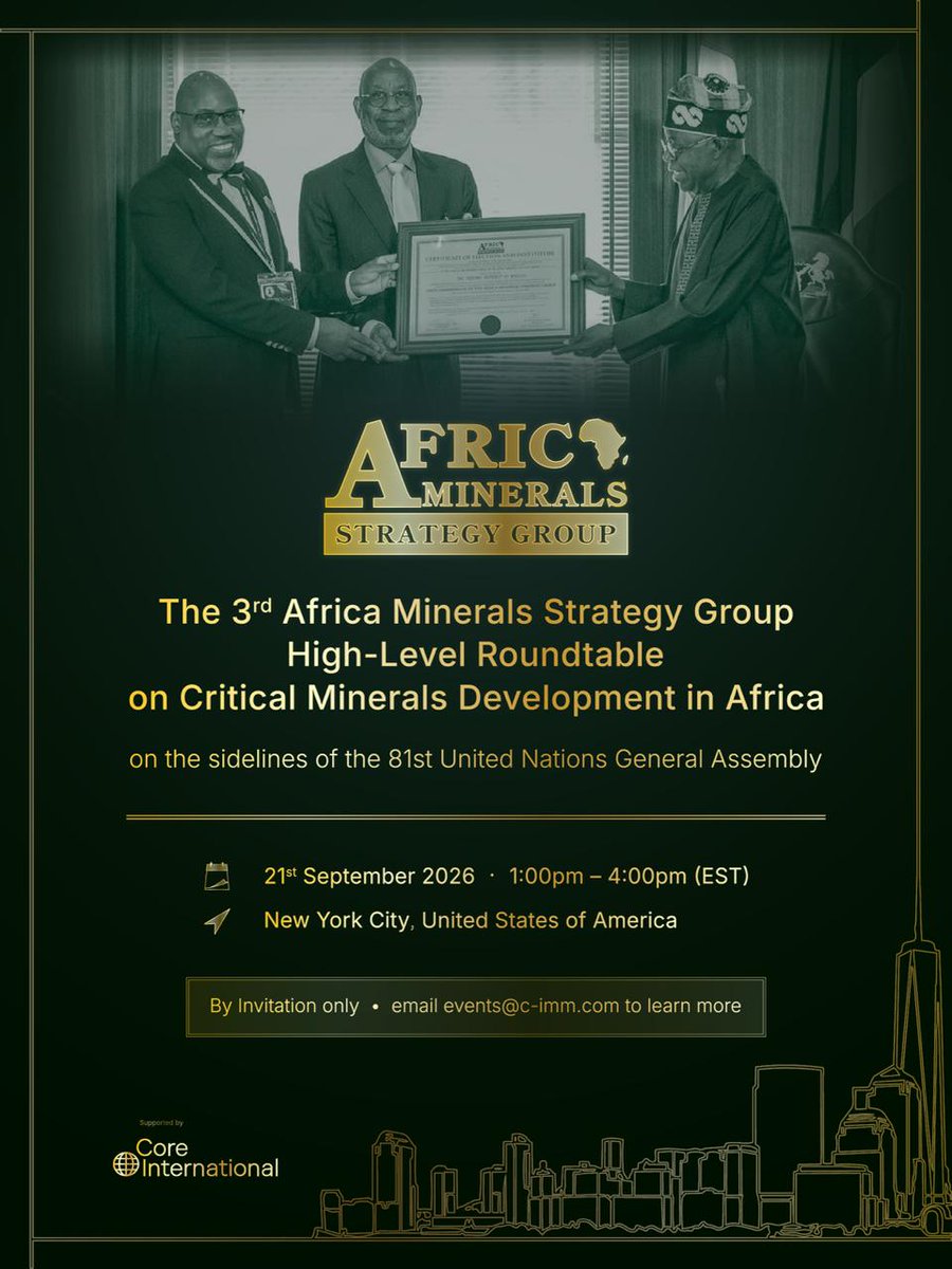 AMSGDialogues's tweet photo. Advancing integrated Strategic Mineral Corridors to maximize local value retention.
​On September 21, 2026, heads of state & government, ministers, policymakers, industry leaders, and continental stakeholders gather in New York for the 3rd AMSG High-Level Roundtable on Critical Minerals Development in Africa on the sidelines of UNGA 81.
​
Driven by our foundational MADE Framework and the upcoming CIEAD Declaration, we are uniting the continent around shared regional processing hubs, transparent supply chain traceability, and standardized economic frameworks that secure long-term value creation.
​Event is strictly by invitation only. Contact events@c-imm.com for details.
​#AMSG #CriticalMinerals #ValueCreation #UNGA81 #AfricaMining #EconomicAssurance #CIEAD