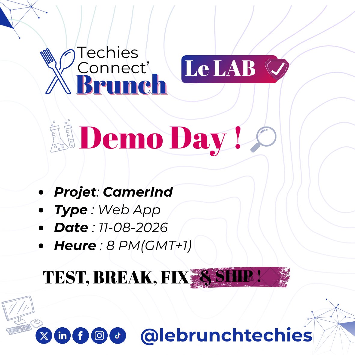 lebrunchtechies's tweet photo. Hey Techies, Demo Day !
Cette semaine 𝗖𝗮𝗺𝗲𝗿𝗜𝗻𝗱, la plateforme qui connecte candidats et recruteurs.
📅 Mardi 11 août
🕗 20h (GMT+1)
📍 https://t.co/G9YdEPzVYu
Venez découvrir la solution et poser vos questions au founder pour préparer les tests
#TechiesConnect #Tech237 https://t.co/3NyYpUAmEP