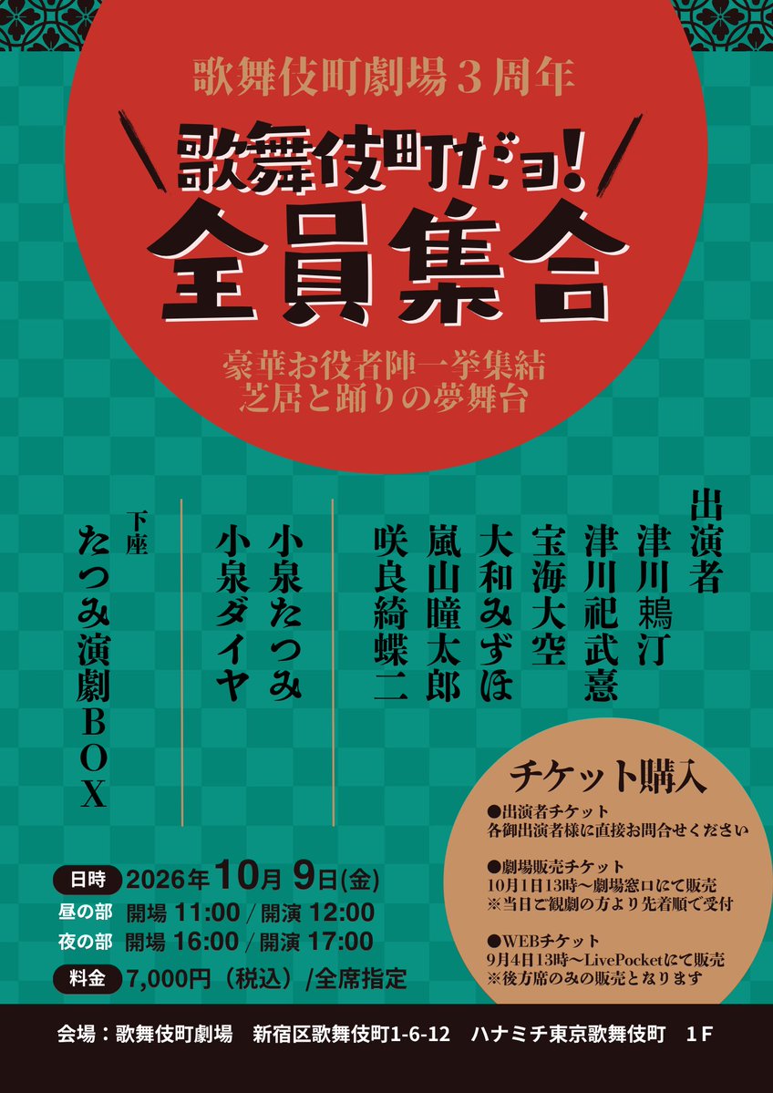 KBGK202310's tweet photo. 10月歌舞伎町劇場
🔥たつみ演劇BOX特別公演🔥
まだまだ7月公演の熱も冷めやらぬ歌舞伎町劇場ですが、10月公演のスケジュールが出ましたのでお知らせいたします✨

当日券3000円
前売券2500円
予約料500円
※窓口でのチケット、ご予約料のお支払は現金のみ

1日　初日〜29日昼の部1回ロング公演
9日　歌舞伎町劇場3周年イベント　歌舞伎町だよ！全員集合（全席指定チケット制）
10日　ライトDAY
12日　たつみDAY Part 1（全席指定チケット制）
18日　たつみDAY Part 2（全席指定チケット制）
24日　辰己小龍バースデー公演
25日　ダイヤDAY
7日、13日、21日、26日　休演日
6日、8日、20日　昼の部1回＋イブニングショー

🎫ご予約
9月4日　13時～WEBチケット販売開始（LivePocket）
9月11日　13時～窓口受付開始
9月18日　13時～電話受付開始
⚠️9日、12日、18日、24日はチケット制の公演となるため、お電話ではお席の予約をいただけません。
チケット販売についてのお知らせをお待ちください。
⚠️8月中は電話でのお問合せ対応ができません。
劇場電話にはお掛けにならないようお願いいたします。
団体観劇のご希望はメール、DMにてお問い合わせください。

イベント盛りだくさんの10月公演❗️
「芝居の小泉」の二つ名にふさわしく、見応えあるお芝居を揃えてお客様をお迎えいたします✨
ぜひぜひ皆様ご来場くださいませ☺️💕

#歌舞伎町劇場
#大衆演劇
#たつみ演劇BOX
#小泉たつみ
#小泉ダイヤ