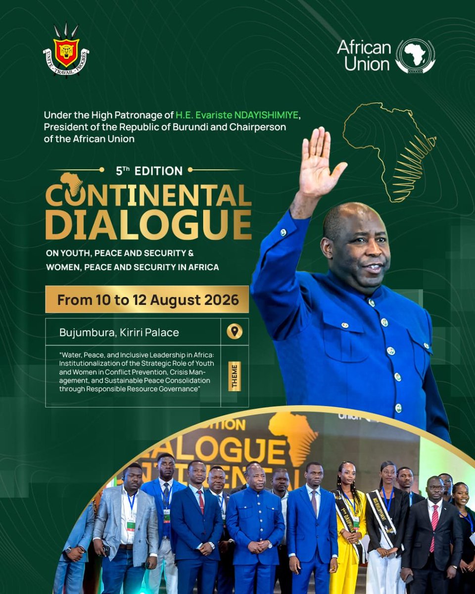 AUYouthProgram's tweet photo. The 5th @_AfricanUnion Continental Dialogue on Youth, Peace &amp; Security and Women, Peace &amp; Security is underway in Bujumbura 🇧🇮, under the theme: “Water, Peace &amp; Inclusive Leadership in 🌍”

🔴 Watch live: https://t.co/2uWNIOvrgE

#AYCat20 #Agenda2063 #InternationalYouthDay2026 https://t.co/psbIvY9rdT