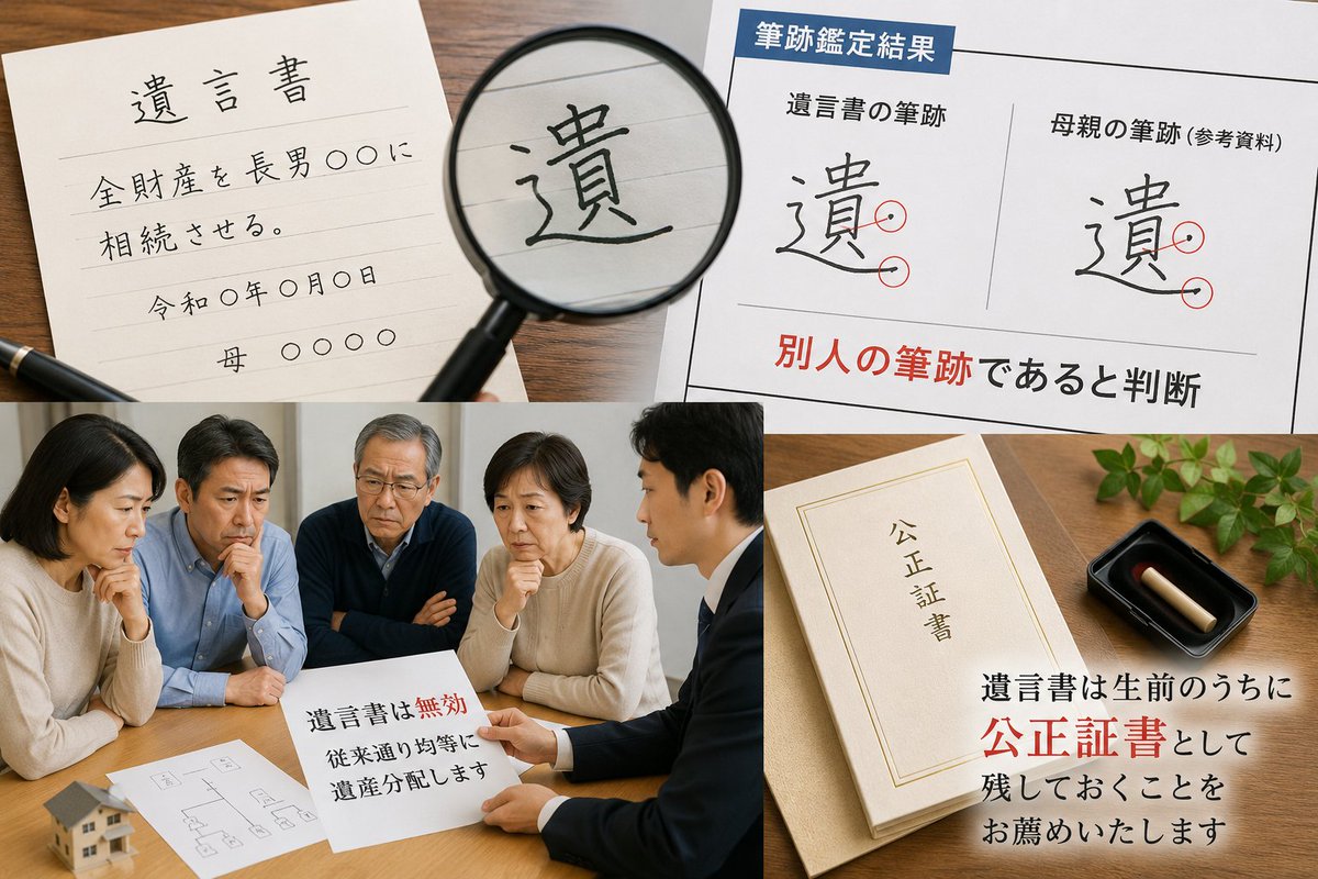 ryuseimaeda's tweet photo. 遺言書の筆跡鑑定
📷

名古屋市の50代女性より、遺言書の筆跡鑑定を承りました。

お話を伺いますと「母が亡くなり、遺産を子供達で相続することになって、法律の定める通りに遺産の分配を行おうとしたところ、義理の姉から『遺言書が見つかった』という連絡が入りました。 皆で集まり遺言書の内容を確認したところ、一番上の兄に全財産を相続させるという内容でした。一番上の兄は遺言書を発見した義理の姉の夫であり、なにか疑わしいので、遺言書が本当に母のものか筆跡鑑定をお願いします」ということでした。

筆跡鑑定の結果、遺言書の筆跡は母親に似せてはいたものの、別人の筆跡であることが判明しました。

その鑑定結果を元に親族で再び集まり、遺言書は無効であるとして、従来通り均等に遺産分配される運びとなったそうです。

遺産相続では、後々に兄弟間の争いに発展しないよう遺言書は生前のうちに、出来れば公正証書として残しておくことをお薦めいたします。