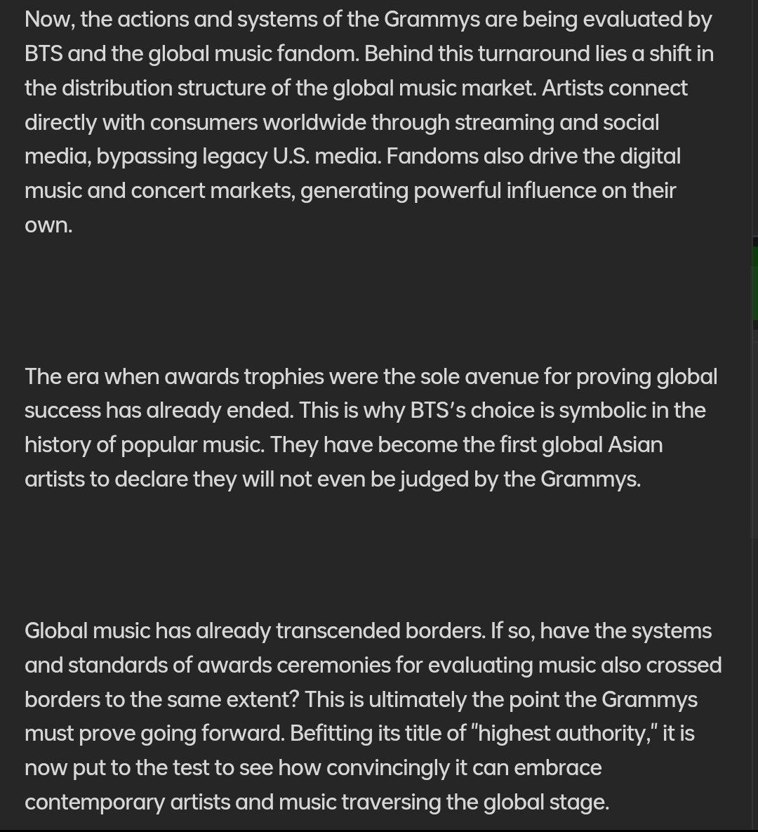 amlysbang's tweet photo. WE ARE IN THE NEWS

"Another notable change in this controversy is the way the fandom responded.

BTS's fandom, ARMY, supported the members' decision by spreading the phrase "ArtHasNoAliens" on social media.

The song they chose is "Aliens," a track from their new album, "Arirang." "Aliens" is a song that uses the metaphor of an outsider to express the identity and aspirations felt while active as a Korean on the global stage. In particular, lines in the lyrics such as "Seven aliens, different from birth / Those civilians envy us" and "As you, with your ridiculously huge eyes, say..." were interpreted as a sharp message directed at the Western mainstream music market, sparking an outpouring of reactions that aligned perfectly with the recent Grammy boycott declaration."

https://t.co/pYN6dKPREu