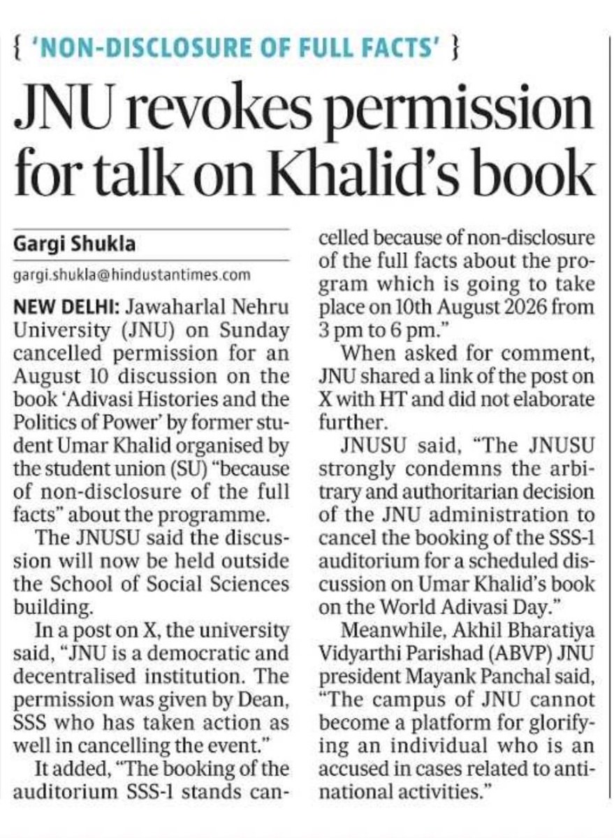 gargiiishukla's tweet photo. Within 48 hours, JNU withdrew the permission granted to the students’ union to hold a discussion on Umar Khalid’s book, citing “non-disclosure of the full facts.” Criticising the move, the union said the discussion will instead be held in the open. https://t.co/0CpOOuI7jt