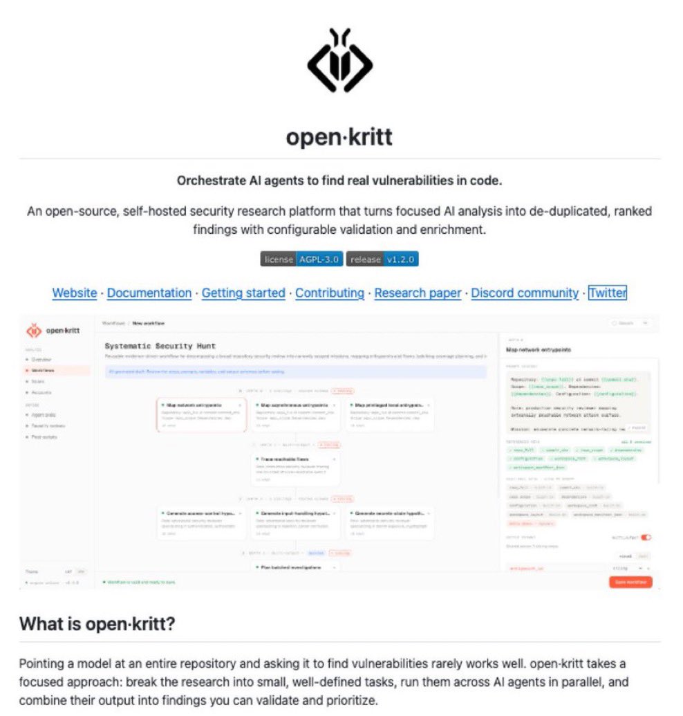 open-kritt README 截图，展示一个自托管工作流，编排 AI 智能体去发现、验证并排序漏洞