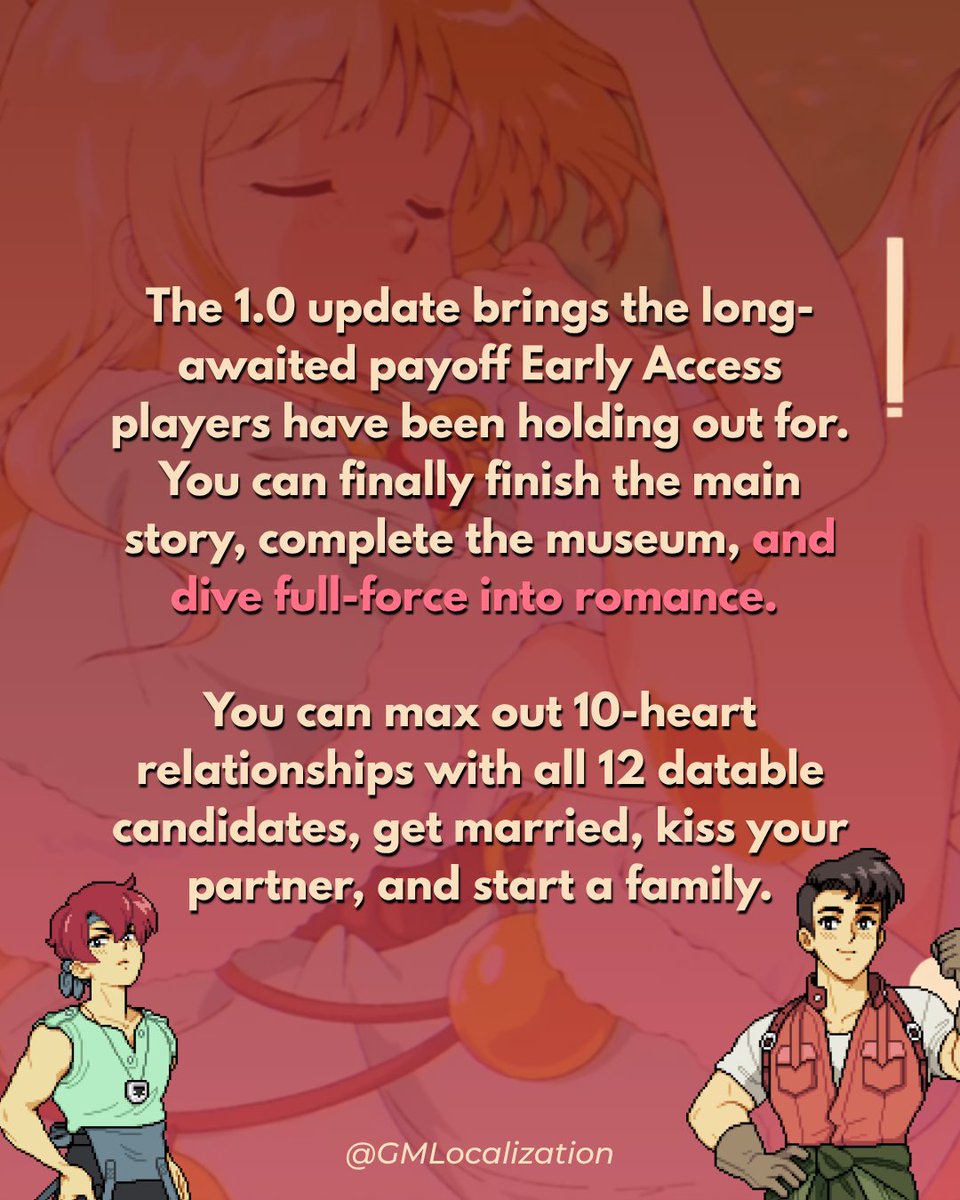 GMLocalization's tweet photo. Fields of Mistria 1.0 is out! 🌾✨
If you love cozy farming sims with magic and retro 90s vibes, now’s the time. Full story, museum, &amp; romance routes are ready!  
Playing for the 1st time or EA save?  
(Not our localization, just a game we love!)
#FieldsOfMistria #games #cozygame https://t.co/rTVbjm60HQ