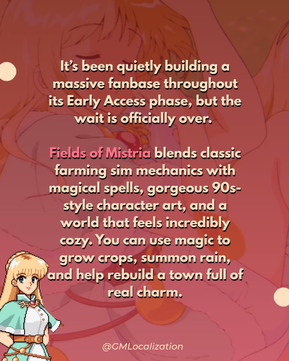 GMLocalization's tweet photo. Fields of Mistria 1.0 is out! 🌾✨
If you love cozy farming sims with magic and retro 90s vibes, now’s the time. Full story, museum, &amp; romance routes are ready!  
Playing for the 1st time or EA save?  
(Not our localization, just a game we love!)
#FieldsOfMistria #games #cozygame https://t.co/rTVbjm60HQ