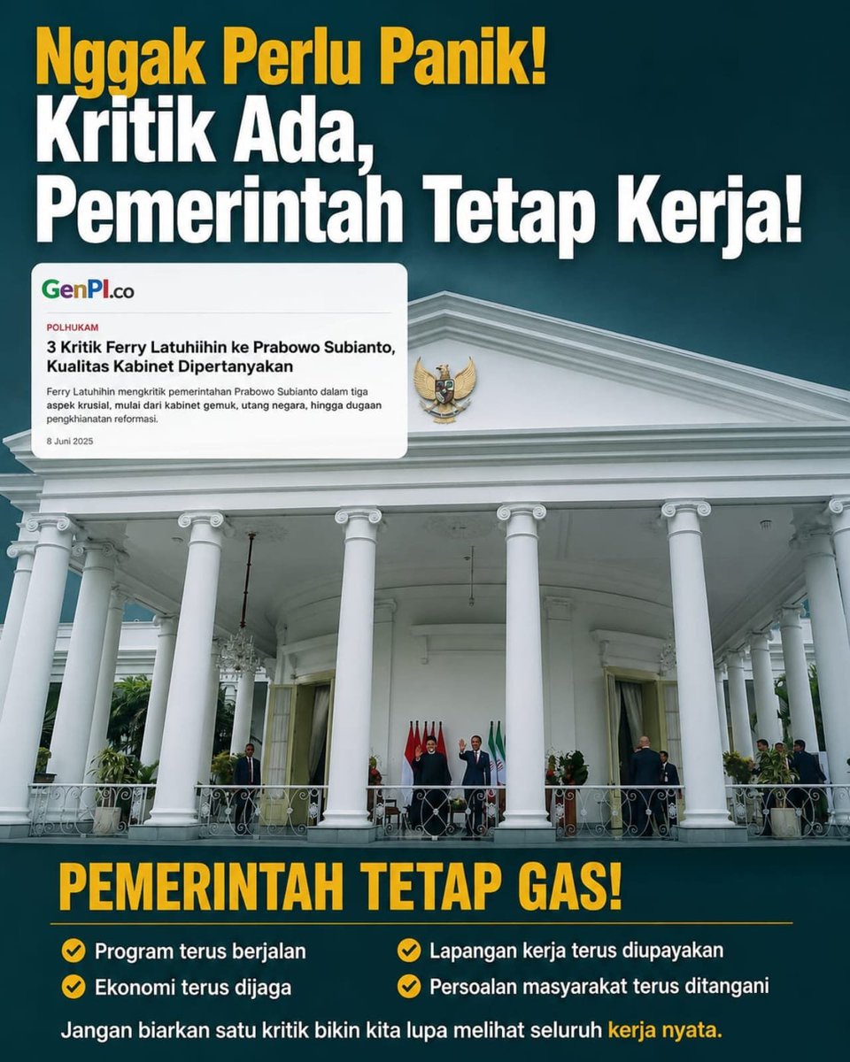 Afraputeh's tweet photo. Kritik boleh datang silih berganti, tapi pemerintah tetap fokus bekerja.  Nggak perlu panik, yang penting program terus jalan dan hasilnya bisa dirasakan rakyat.

#jagaIndonesia #KerjaNyata #KritikMembangun #UntukRakyat #IndonesiaMaju https://t.co/jQT0csyZjj
