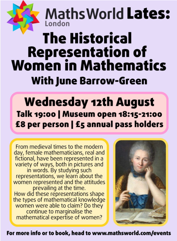 OUMathsStats's tweet photo. The next MathsWorld Lates event!  
📆Wednesday 12th August 
A fantastic talk by June Barrow-Green about the historical representation of women in mathematics.  Doors open at 18:15 to explore the ground floor of MathsWorld, with the talk starting at 19:00.  https://t.co/aC8xuEgzOB https://t.co/d63UJgN7IM