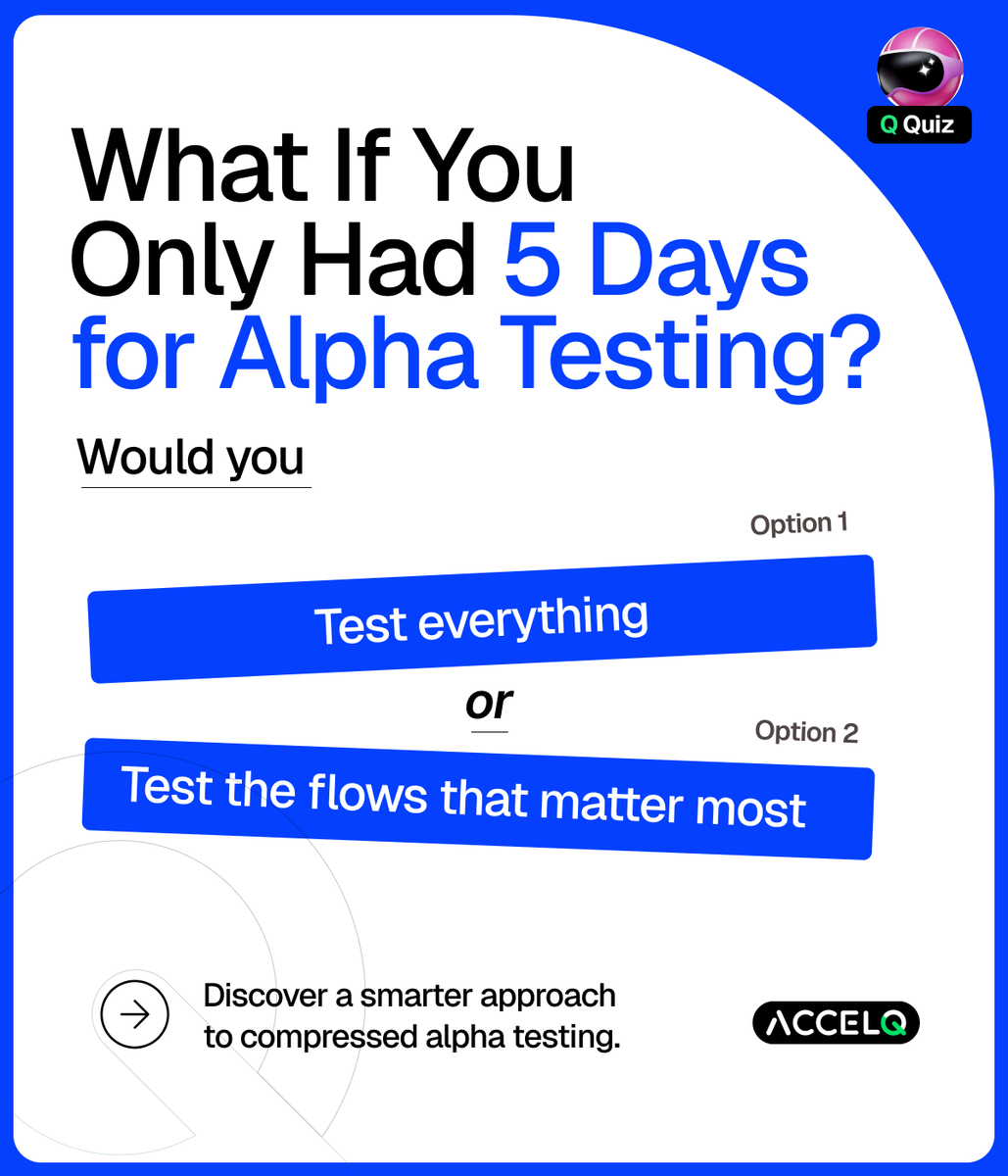 ACCELQ's tweet photo. Our latest blog explores a practical, risk-first approach to running alpha testing in just five days, along with where AI-powered test automation can help teams move faster without compromising quality.
Read the full blog: https://t.co/a2ovZDTNvf
#SoftwareQuality #ACCELQ https://t.co/VQDN5CSCtl