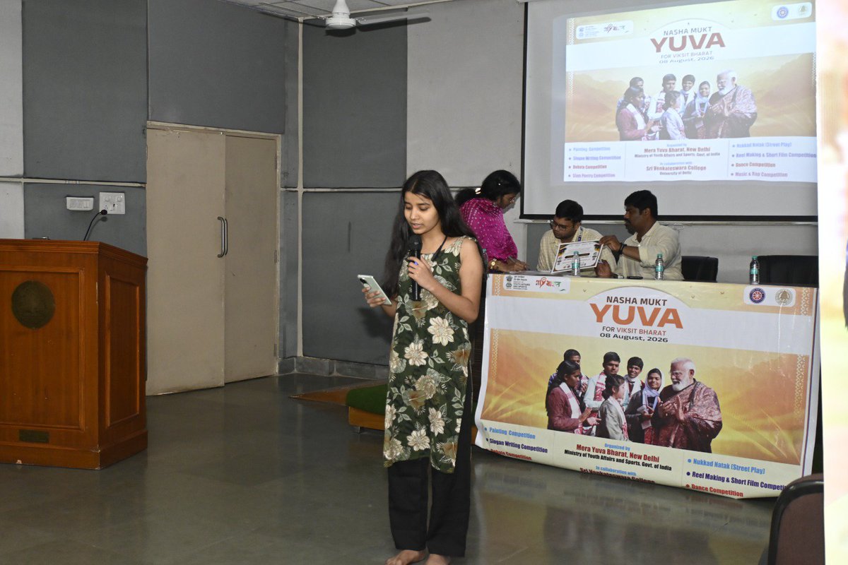 MYBharatND's tweet photo. **MY Bharat District New Delhi** has successfully organised District level event of Nasha Mukt Yuva For Viksit Bharat on 08 August 2026 in collaboration with. **Sri Venkateshwara College, Delhi University.** https://t.co/jCwi0igej7
